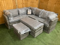 MIXED GREY RATTAN CORNER GARDEN SOFA TO INCLUDE RATTAN STORAGE BENCH & SMALL STOOL WITH GREY CUSHIONS