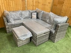 MIXED GREY RATTAN CORNER GARDEN SOFA TO INCLUDE RATTAN STORAGE BENCH & SMALL STOOL WITH GREY CUSHIONS