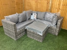 MIXED GREY RATTAN CORNER GARDEN SOFA TO INCLUDE SQUARE RATTAN STOOL WITH GREY CUSHIONS