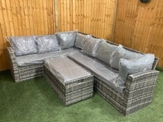 MIXED GREY RATTAN CORNER GARDEN SOFA TO INCLUDE RATTAN STORAGE BENCH WITH GREY CUSHIONS