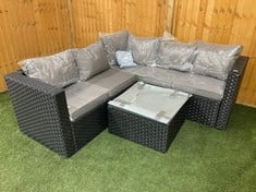 BLACK RATTAN CORNER GARDEN SOFA TO INCLUDE SQUARE RATTAN TABLE & GLASS TOP WITH GREY CUSHIONS