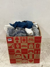 BOX OF ASSORTED CLOTHING TO INCLUDE GALLERY DENIM JACKET DARK BLUE SIZE 16