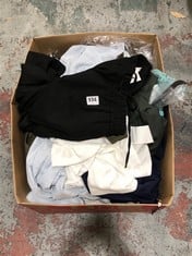 BOX OF ASSORTED CLOTHING TO INCLUDE WOMENS SMART JOGGERS IN BLACK SIZE MEDIUM