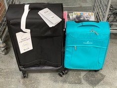 FEATHERSTONE SOFT 4 WHEEL CABIN SUITCASE TURQUOISE TO INCLUDE ROCK SUPER LIGHTWEIGHT SUITCASE BLACK SPINNER