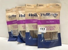 BOX OF APPROX 60 X HOLLINGS DOG TREATS TRAINING VENISON STRIPS 5 PIECES BBE-07/24