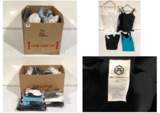 BOX OF APPROX 26 X ASSORTED ADULT CLOTHING TO INCLUDE V FOR CITY WOMENS COTTON TANK TOPS WITH SHELF BRA PACK OF 2 WHITE SIZE M