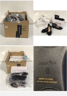 BOX OF APPROX 7 X ASSORTED ADULT FOOTWEAR TO INCLUDE FEVER SOLE FLAT SHOES BLACK PATENT SIZE 39