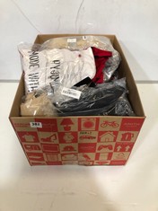 BOX OF APPROX 35 X ASSORTED ADULT CLOTHING TO INCLUDE CITY COMFORT LADIES TRADITIONAL BRUSHED COTTON PJ SET RED/NAVY SPOTS SIZE 12-14