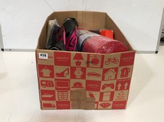 BOX OF ASSORTED SPORT ITEMS TO INCLUDE KAYMAN YOGA MAT RED