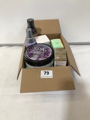 BOX OF ASSORTED BEAUTY PRODUCTS TO INCLUDE SPA LAVENDER OIL