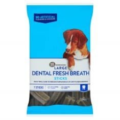 BOX OF MIXED DOG FOOD TO INCLUDE MORRISONS LARGE DENTAL FRESH BREATH STICKS, PACK OF 7.