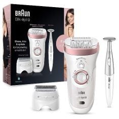 QTY OF ITEMS TO INLCUDE 4X ASSORTED TRIMMERS TO INCLUDE BRAUN SILK-PIL 9 EPILATOR FOR LONG-LASTING HAIR REMOVAL WITH ELECTRIC SHAVER & TRIMMER & BIKINI TRIMMER, 100% WATERPROOF, UK 2 PIN PLUG, 9-890,