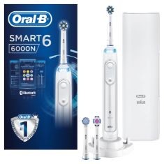 QTY OF ITEMS TO INLCUDE BOX OF ASSORTED DENTAL ITEMS TO INCLUDE ORAL-B SMART 6 ELECTRIC TOOTHBRUSHES FOR ADULTS, APP CONNECTED HANDLE, 3 TOOTHBRUSH HEADS & TRAVEL CASE, 5 MODES, TEETH WHITENING, 2 PI