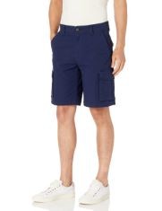 QTY OF ITEMS TO INLCUDE X15 ASSORTED CLOTHING TO INCLUDE ESSENTIALS MEN'S 10” LIGHTWEIGHT RIPSTOP STRETCH CARGO SHORT, NAVY, 38W, ESSENTIALS MEN'S STRAIGHT-FIT STRETCH GOLF TROUSERS, STONE, 29W / 34L