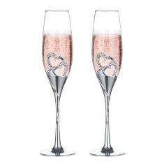 NUPTIO SILVER CHAMPAGNE FLUTES WEDDING: SET OF 2 HEART CHAMPAGNE GLASSES METAL CRYSTALS FOR BRIDE GROOM COUPLES ENGAGEMENT GIFT.