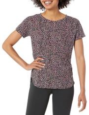 QTY OF ITEMS TO INLCUDE 25X ASSORTED CLOTHING TO INCLUDE ESSENTIALS WOMEN'S STUDIO RELAXED-FIT LIGHTWEIGHT CREW NECK T-SHIRT (AVAILABLE IN PLUS SIZE), BLACK CONFETTI PRINT, S, ESSENTIALS WOMEN'S SHOR