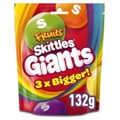 100 X SKITTLES GIANTS VEGAN SWEETS, FRUIT FLAVOURED SHARING BAG, POUCH 132G.