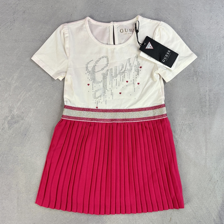 Guess Girls White & Raspberry Jersey Pleated Dress - Size 2 Years