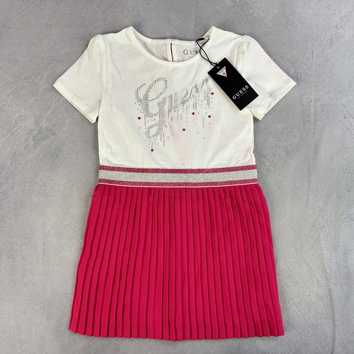 Guess Girls White & Raspberry Jersey Pleated Dress - Size 4 Years