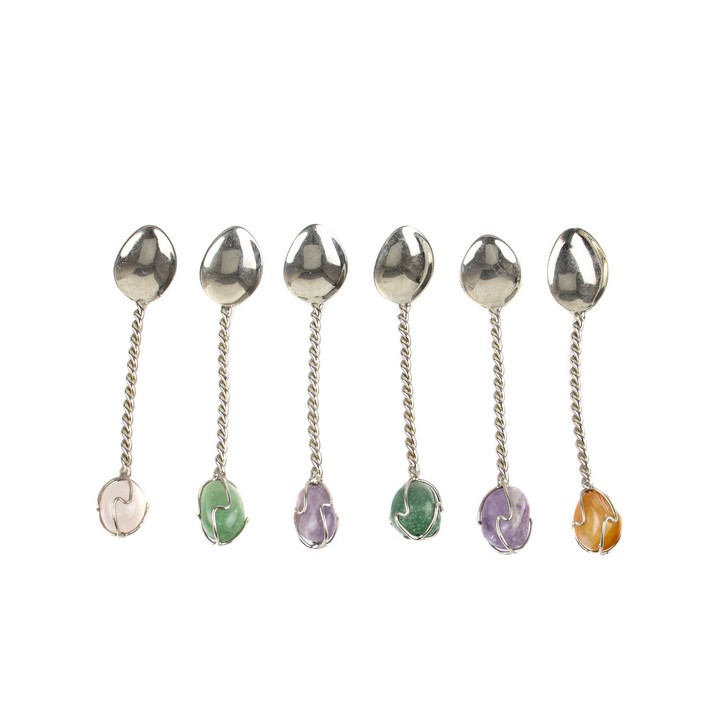 Metal Set of Six Twist Handle Spoons with Coloured Stones, 9x1.8cm, 45.7g (VAT Only Payable on Buyers Premium)