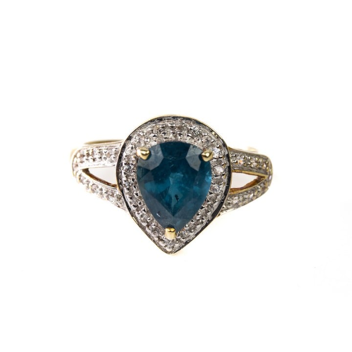 9ct Yellow and White Gold Teal Stone Pear-cut with Diamond Pavé Halo and Shoulders Ring, Size N, 2.9g (VAT Only Payable on Buyers Premium)