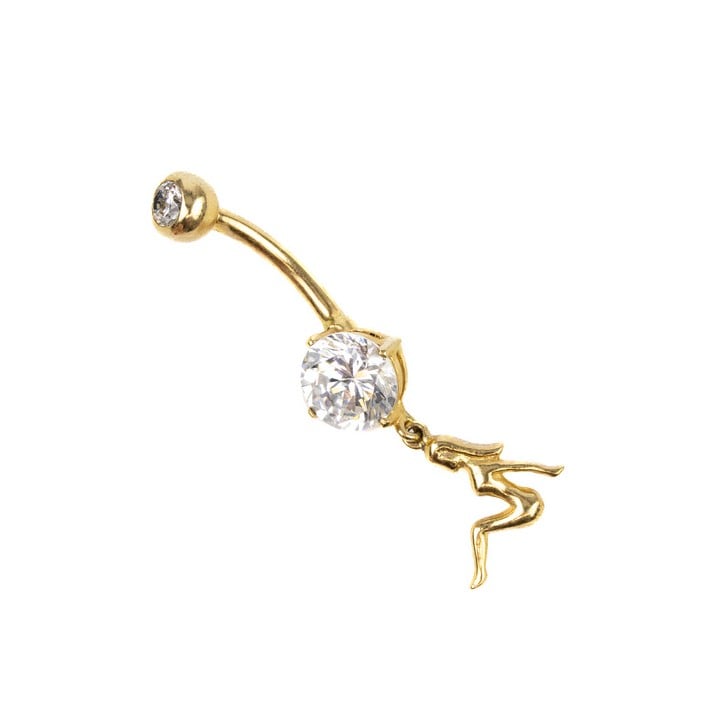 14K Yellow Clear Stone and Lady Belly Button Bar, 1.6g (VAT Only Payable on Buyers Premium)