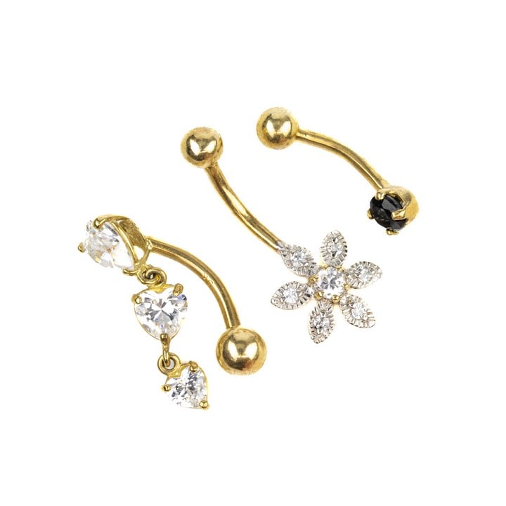 9K Yellow Selection of Three Belly Button Bar, 3.5g (VAT Only Payable on Buyers Premium)