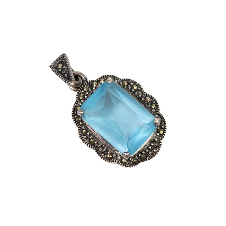 Silver Blue Rectangle-cut Stone with Marcasite Halo Pendant, 3.5x2cm, 7.1g (VAT Only Payable on Buyers Premium)