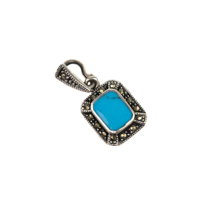 Silver Blue Rectangle-cut Stone with Marcasite Halo Pendant, 2.5x1.2cm, 3.5g (VAT Only Payable on Buyers Premium)