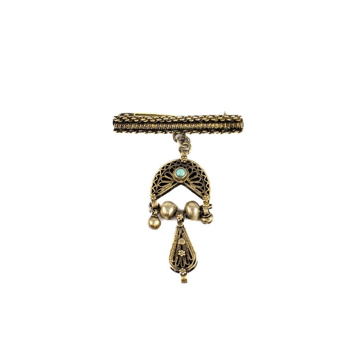 Silver Gold Plate Blue Stone Filigree Drop Brooch, 4.5x3.8cm, 7.2g (VAT Only Payable on Buyers Premium)