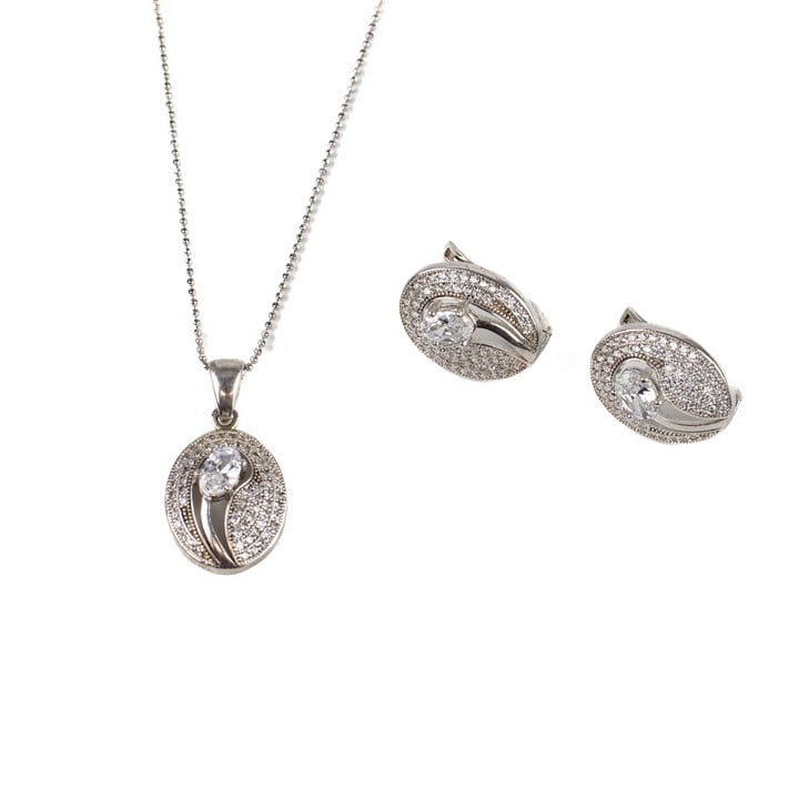 Silver Oval Clear Stone and Pavé Earrings 1.7x1.5cm with Matching Pendant and Chain, 40cm, total weight 8.8g (VAT Only Payable on Buyers Premium)