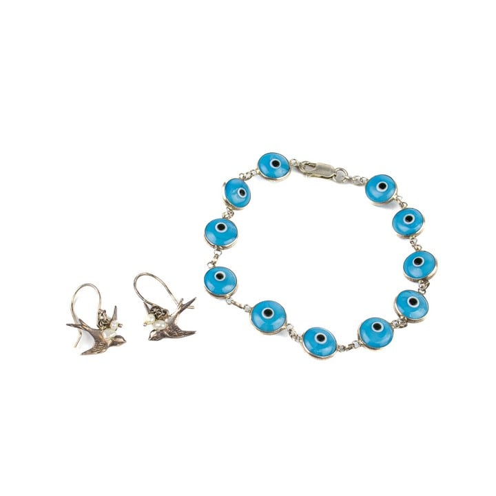 Silver Blue Eye Bead Bracelet, 20cm, Silver Pair of Bird Loop Earrings with White Beads, total weight 11.1g (VAT Only Payable on Buyers Premium)