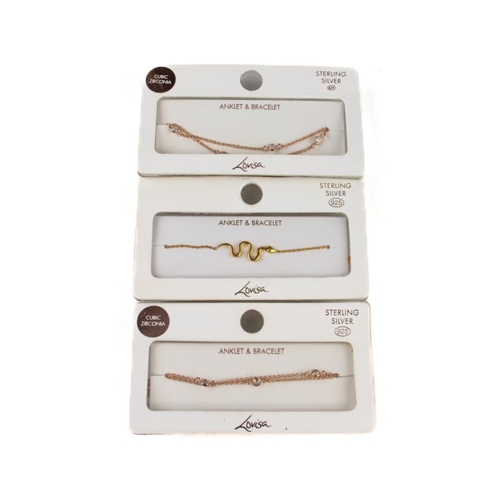 Lovisa Silver Two Cubic Zirconia Anklet/Bracelets and One Plain Snake Anklet/Bracelet, 26cm, total weight 5.6g (VAT Only Payable on Buyers Premium)