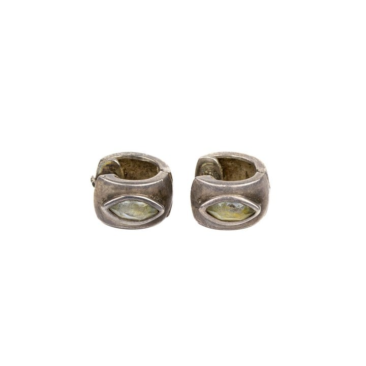 Silver Green Stone Pair of Hinged Hoop Earrings, 7.4g (VAT Only Payable on Buyers Premium)