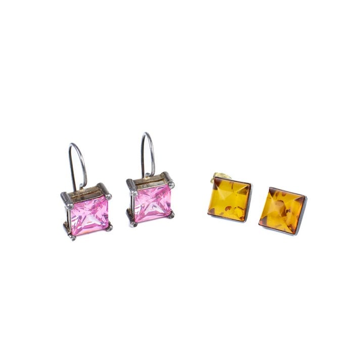 Silver Orange Square Stone Pair of Stud Earrings (Missing Butterfly), Silver Pink Square Stone Pair of Drop Earrings, total weight 11.3g (VAT Only Payable on Buyers Premium)