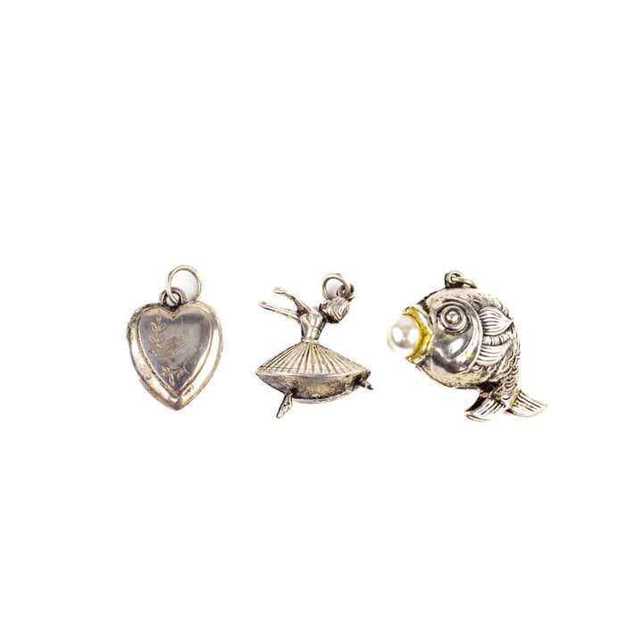 Silver Fish, Ballerina and Heart Locket (Dented) Charms, 4.9g (VAT Only Payable on Buyers Premium)