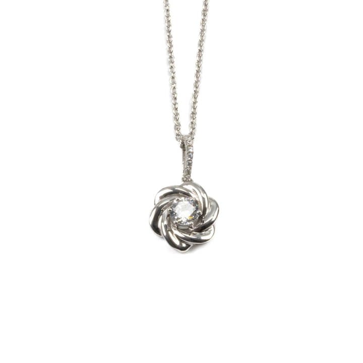 Silver Clear Round Faceted Stone with Pavé Bale Flower Pendant, 2.5cm and Chain, 45cm, 4.5g