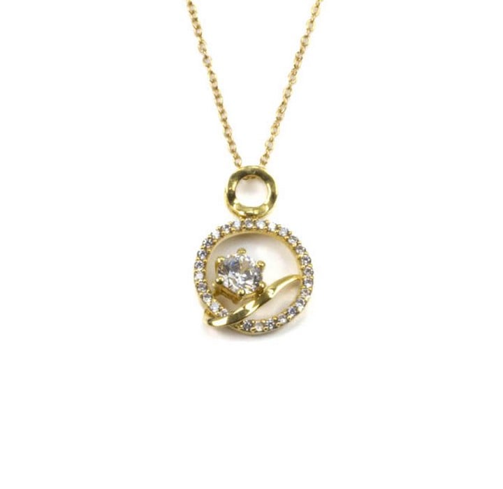 Silver Yellow Gold Plated Clear Round Faceted Stone with Clear Stone Halo Circle Pendant, 2.2cm and Chain, 45cm, 2.9g