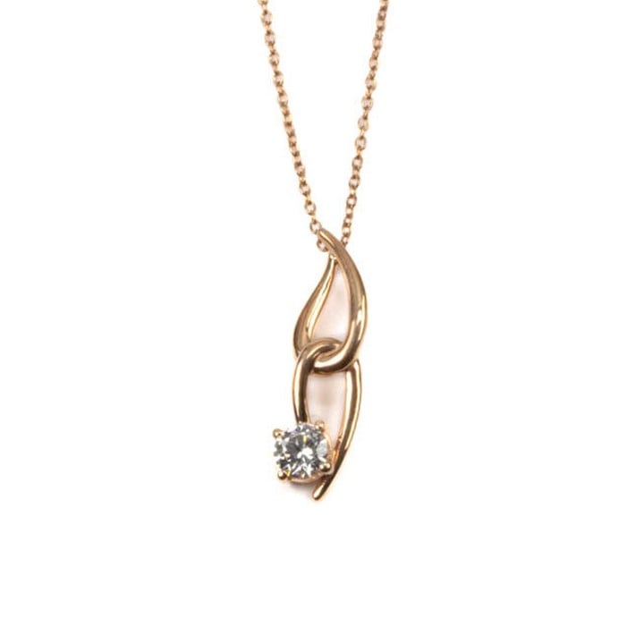 Silver Rose Gold Plated Clear Round Faceted Stone Double Link Pendant, 2.5cm and Chain, 45cm, 2.6g