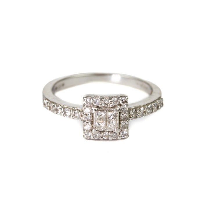 Platinum 950 0.50ct Diamond Square Cluster Ring with Diamond Pavé Halo and Shoulders Ring, Size L½, 4.7g.  Auction Guide: £150-£200 (VAT Only Payable on Buyers Premium)