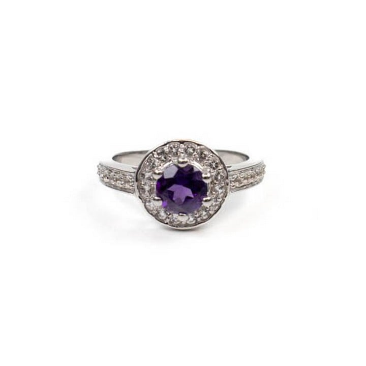 Silver Purple Round Faceted Stone with Clear Stone Pavé Halo and Shoulders Ring, Size M, 3.1g