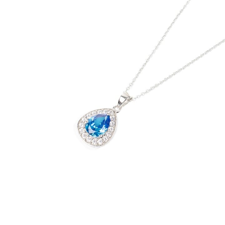 Silver Blue Pear Faceted Stone with Clear Stone Halo Pendant and Chain, 45cm, 2.8g