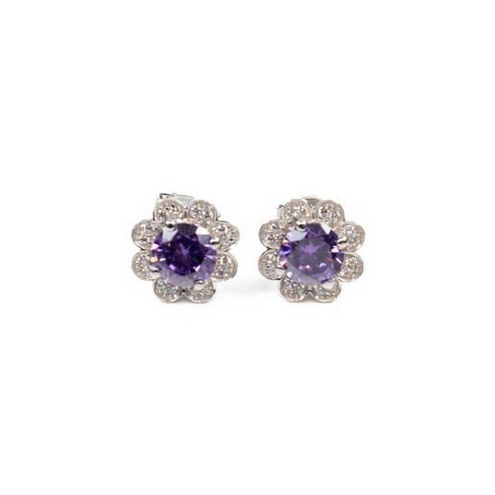 Silver Purple Round Faceted Stone with Clear Stone Petal Surround Stud Earrings, 1cm, 3.3g