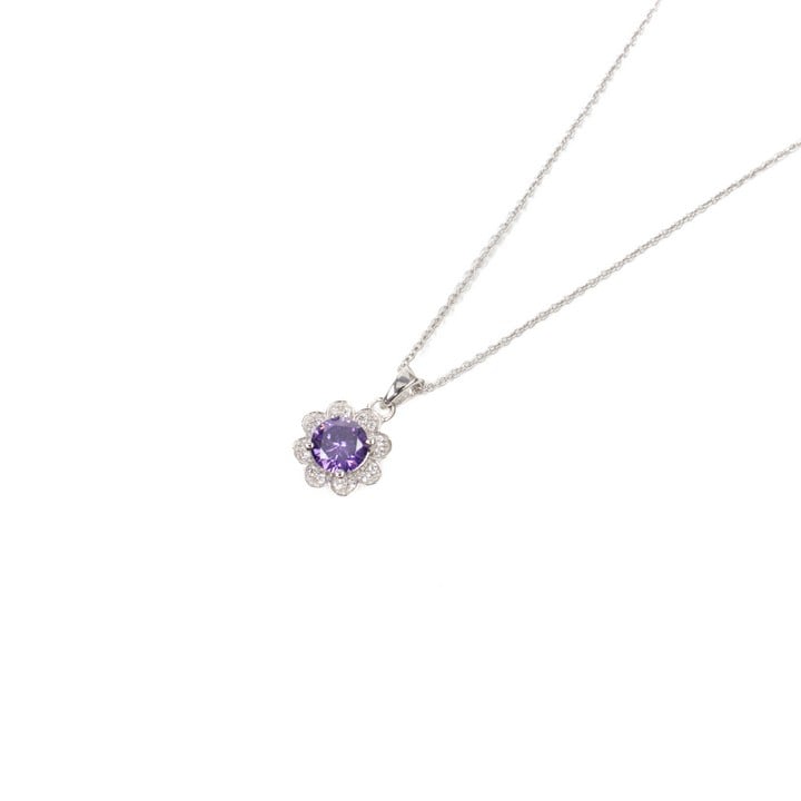 Silver Purple Round Faceted Stone with Clear Stone Petal Surround Pendant, 1cm and Chain, 45cm, 2.2g