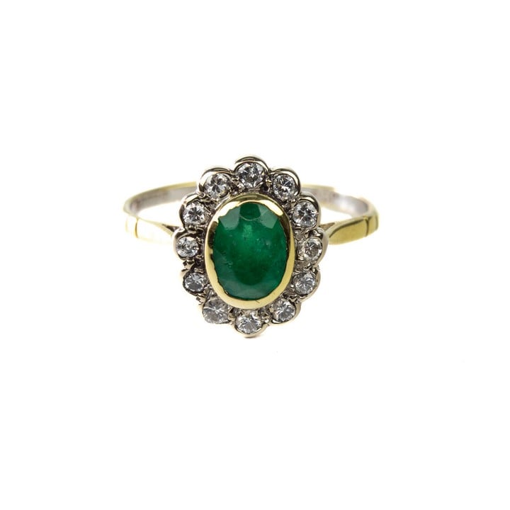 18ct Yellow Gold Green Oval Stone with Diamond Halo Ring, Size K, 2.6g.  Auction Guide: £150-£200 (VAT Only Payable on Buyers Premium)