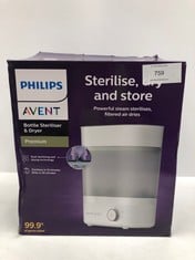 PHILIPS AVENT HIGH QUALITY BOTTLE STERILISER AND DRYER, ELIMINATES 99.9% OF BACTERIA, NO CHEMICALS, CAPACITY FOR 6 BOTTLES/TEATS/ACCESSORIES, MODEL SCF293/00- LOCATION 19C.