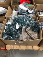 PALLET OF A VARIETY OF CLOTHING IN VARIOUS STYLES AND SIZES INCLUDING GREEN JERSEY.