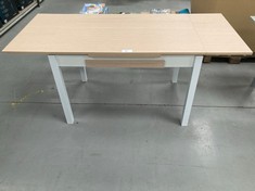 EXTENDABLE DINING TABLE IN BROWN AND WHITE WOOD WITH DRAWER (MINOR DAMAGE TO THE BACK).