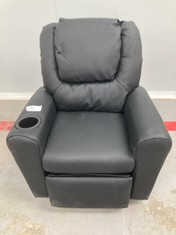 MINI LEATHER ARMCHAIR, RECLINING BLACK COLOUR WITH CUP HOLDER.