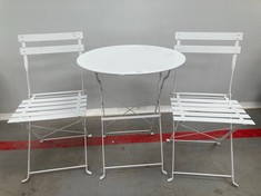 GARDEN TABLE WITH TWO WHITE CHAIRS.